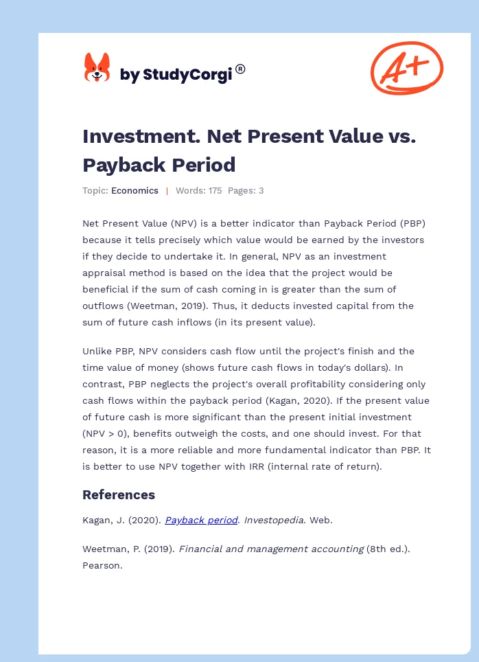 Investment. Net Present Value vs. Payback Period. Page 1