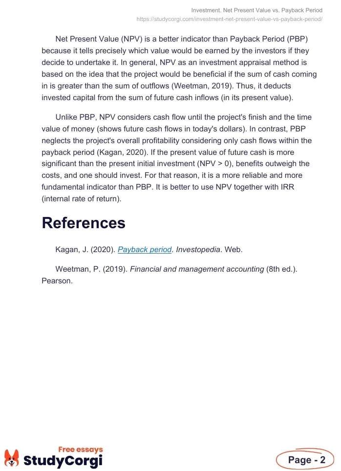 Investment. Net Present Value vs. Payback Period. Page 2