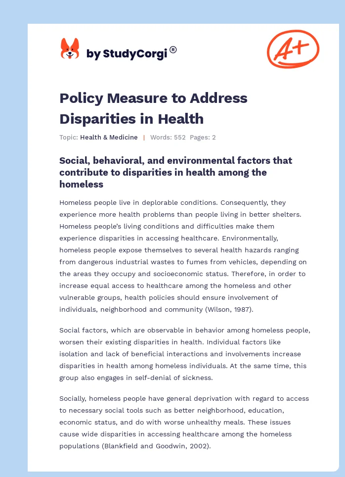 Policy Measure to Address Disparities in Health. Page 1