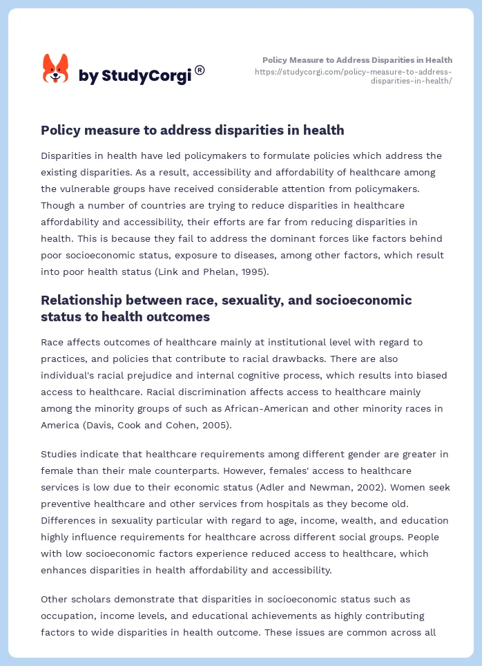 Policy Measure to Address Disparities in Health. Page 2