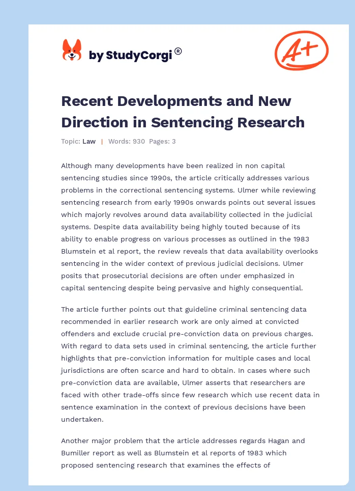 Recent Developments and New Direction in Sentencing Research. Page 1