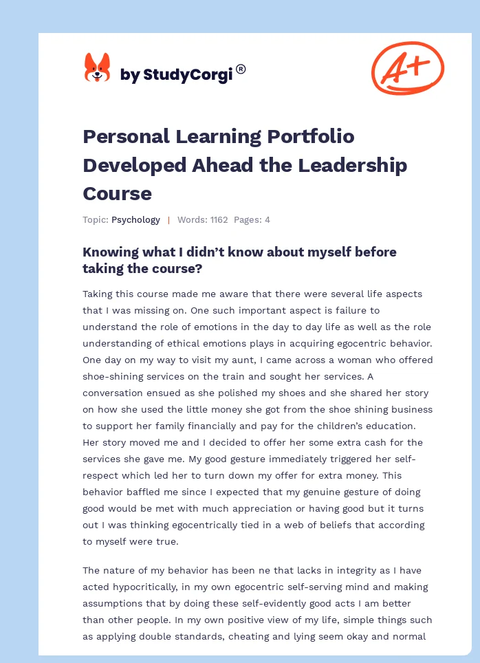 Personal Learning Portfolio Developed Ahead the Leadership Course. Page 1