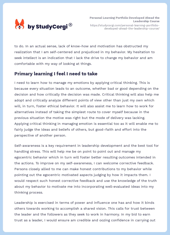 Personal Learning Portfolio Developed Ahead the Leadership Course. Page 2
