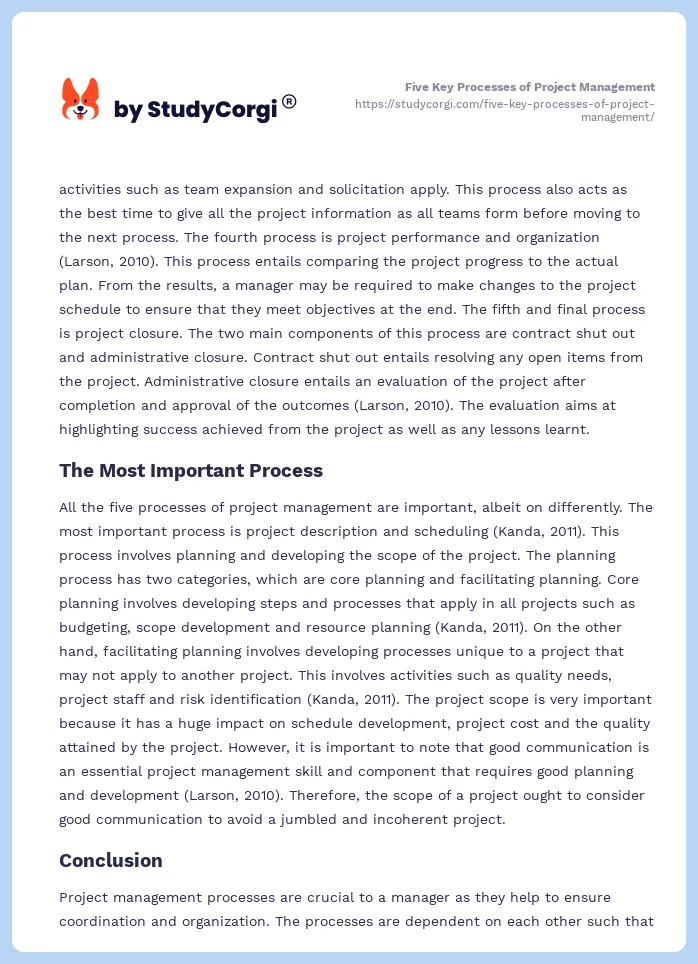 Five Key Processes of Project Management. Page 2