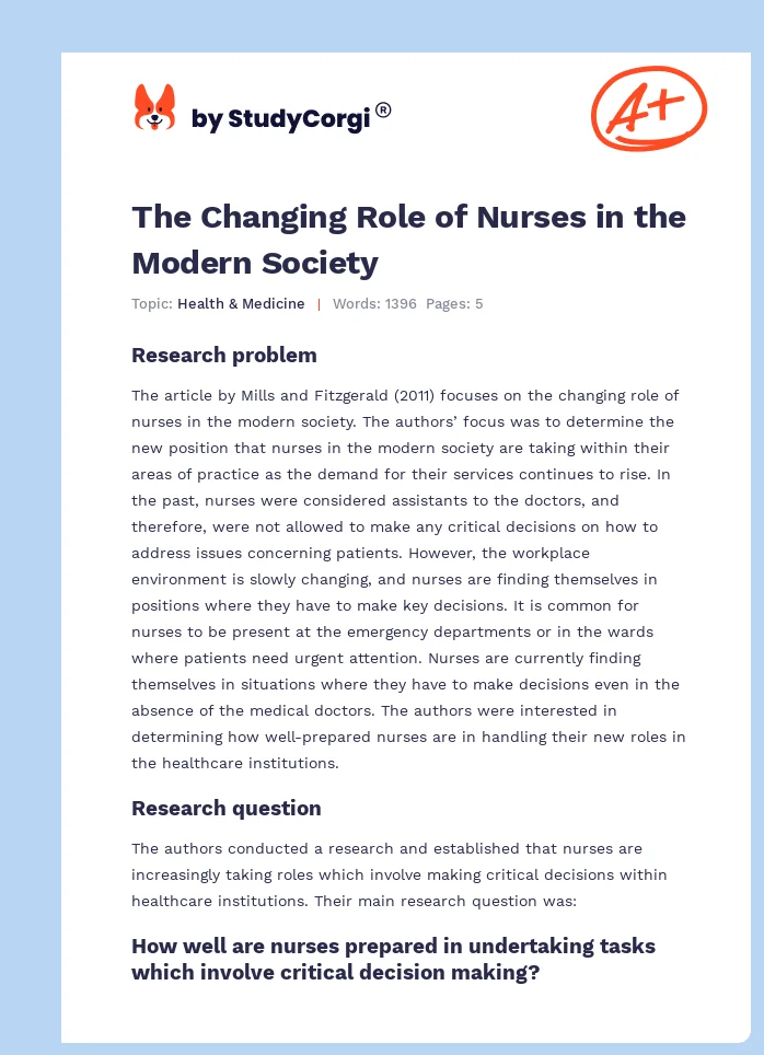 The Changing Role of Nurses in the Modern Society. Page 1