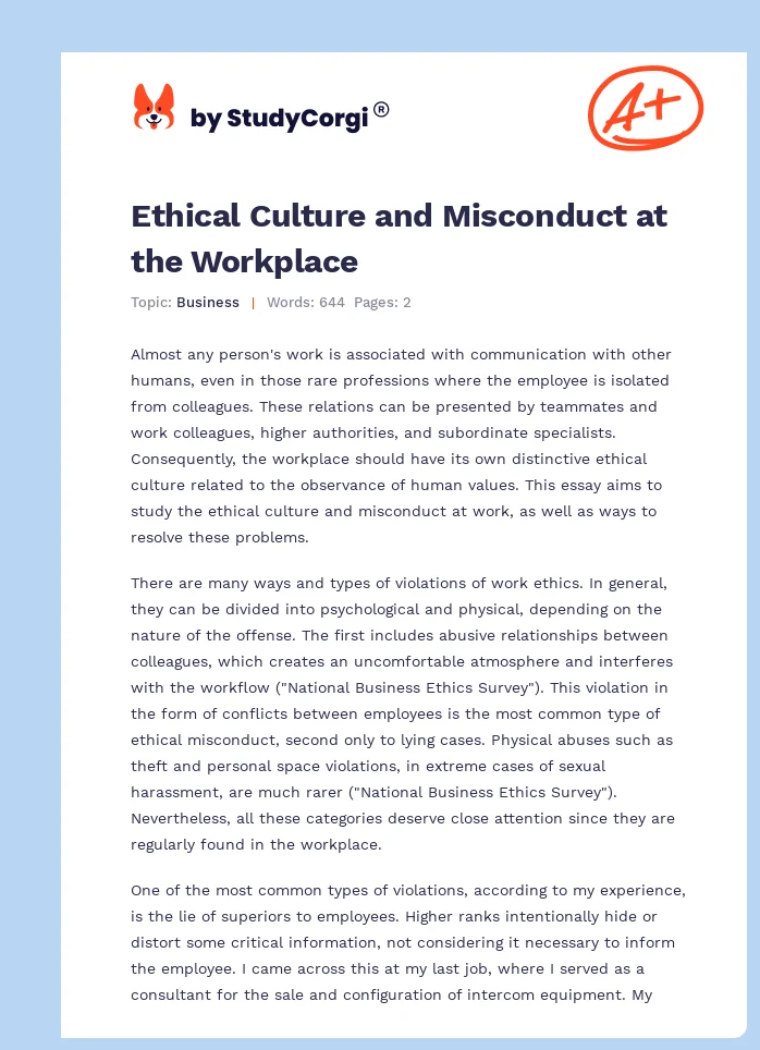 Ethical Culture and Misconduct at the Workplace. Page 1
