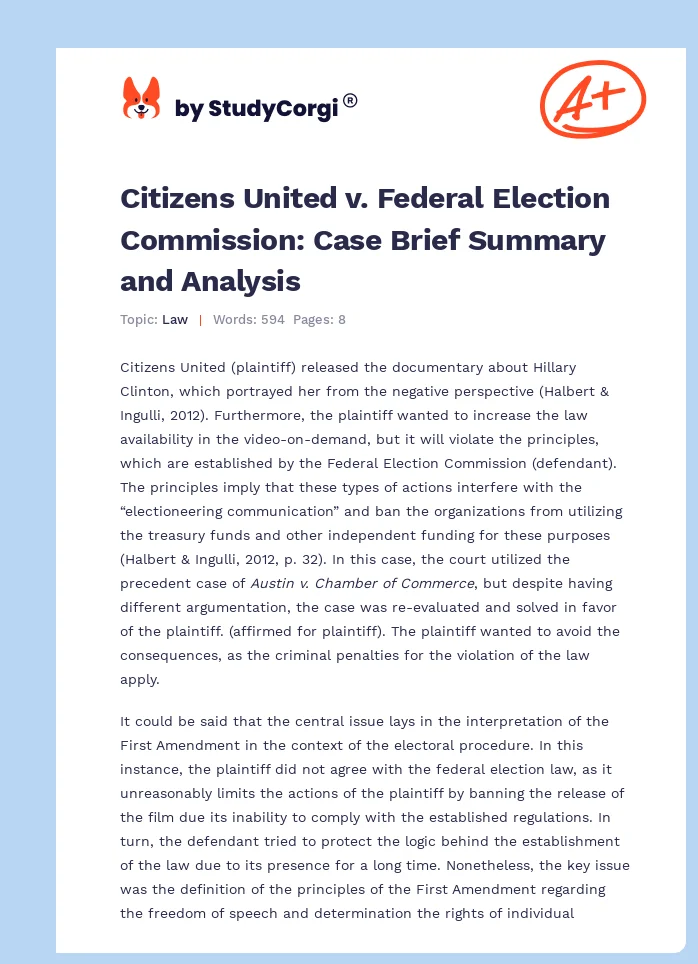 Citizens United v. Federal Election Commission: Case Brief Summary and Analysis. Page 1