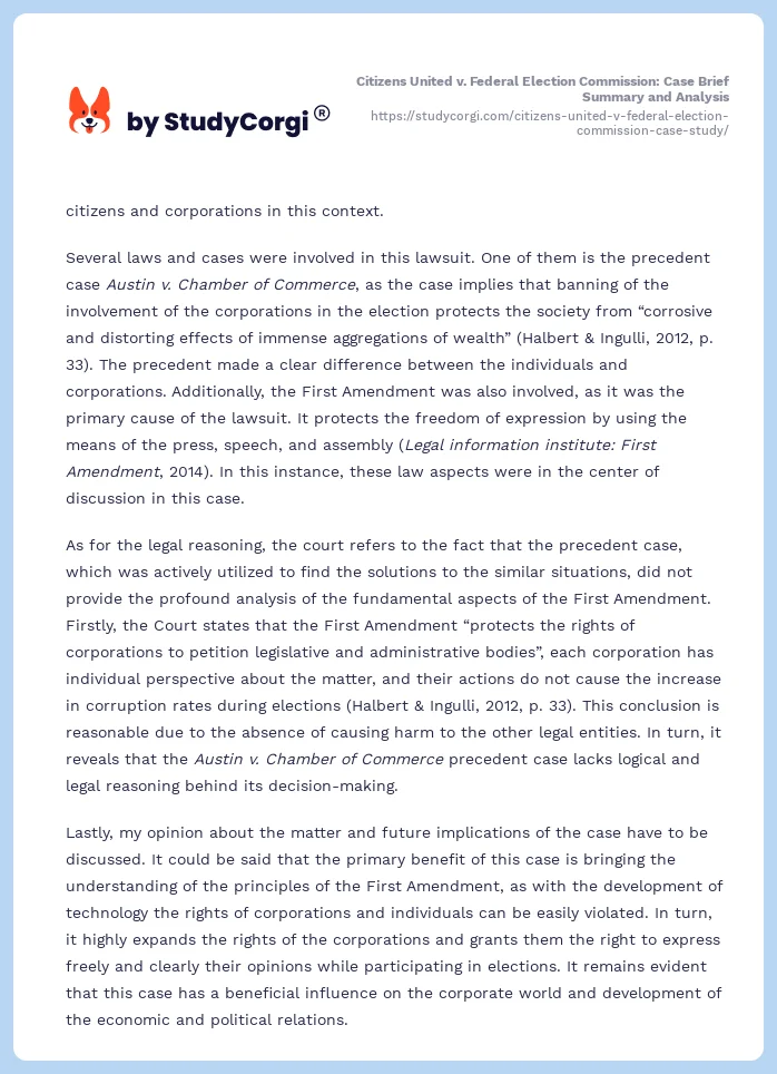 Citizens United v. Federal Election Commission: Case Brief Summary and Analysis. Page 2
