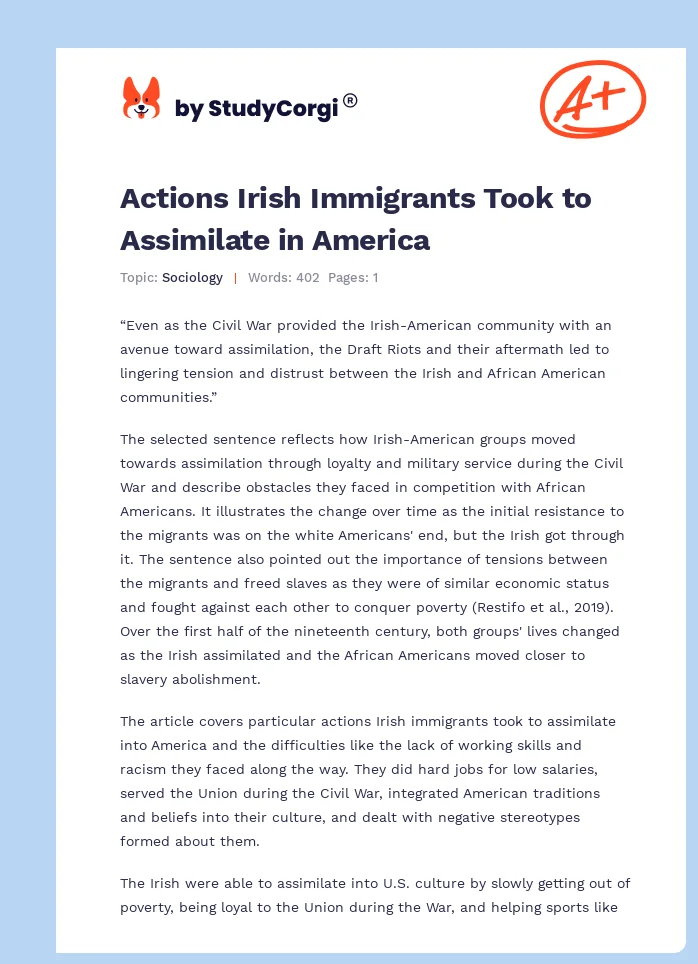Actions Irish Immigrants Took to Assimilate in America. Page 1