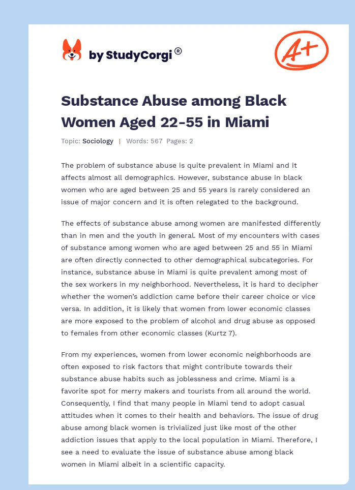 Substance Abuse among Black Women Aged 22-55 in Miami. Page 1