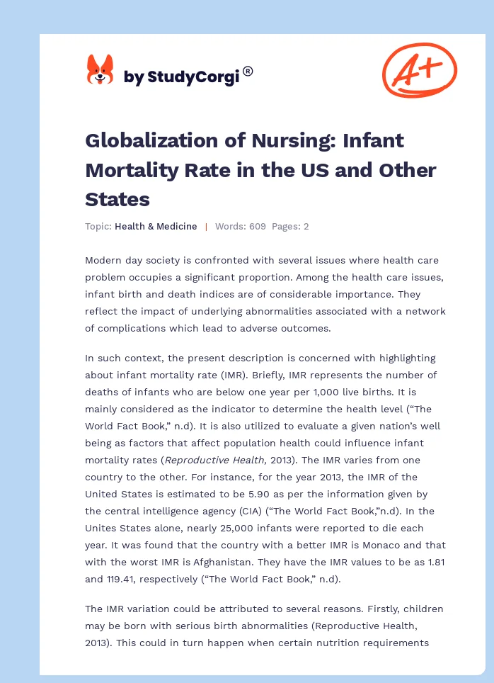 Globalization of Nursing: Infant Mortality Rate in the US and Other States. Page 1
