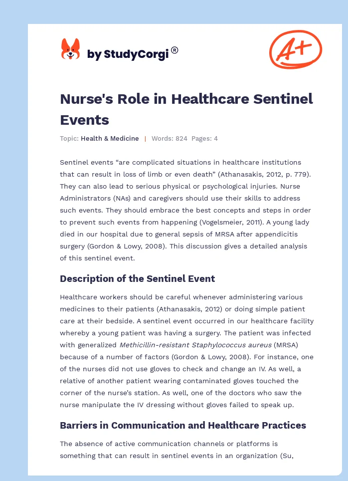 Nurse's Role in Healthcare Sentinel Events. Page 1