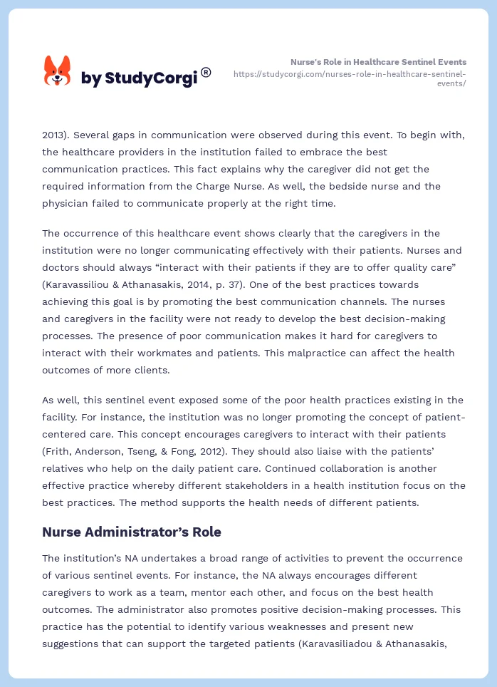 Nurse's Role in Healthcare Sentinel Events. Page 2