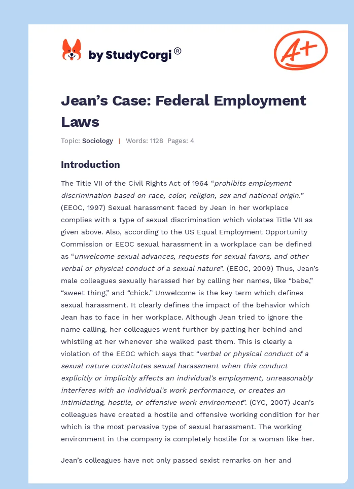 Jean’s Case: Federal Employment Laws. Page 1