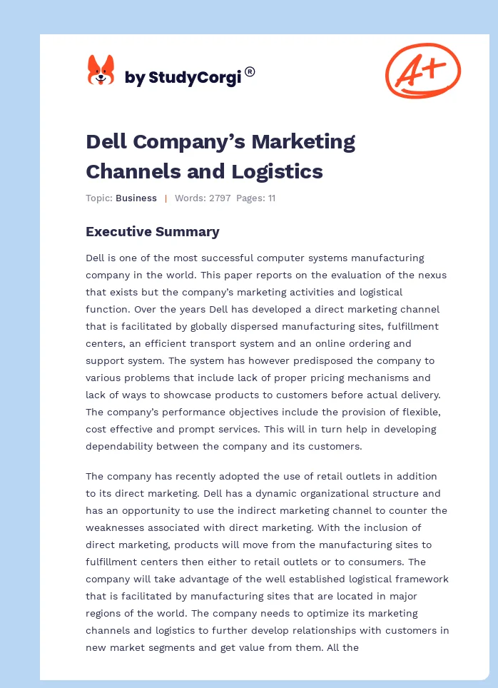 Dell Company’s Marketing Channels and Logistics. Page 1