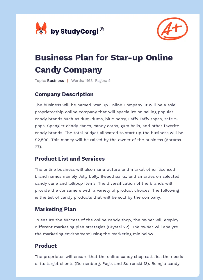 Business Plan for Star-up Online Candy Company. Page 1