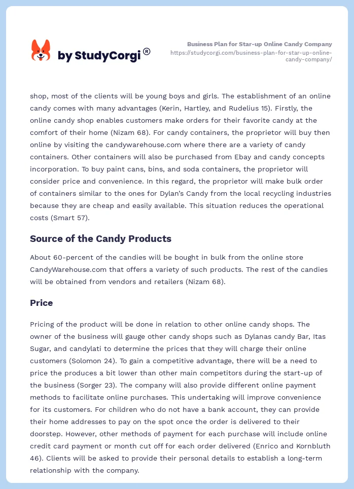 Business Plan for Star-up Online Candy Company. Page 2