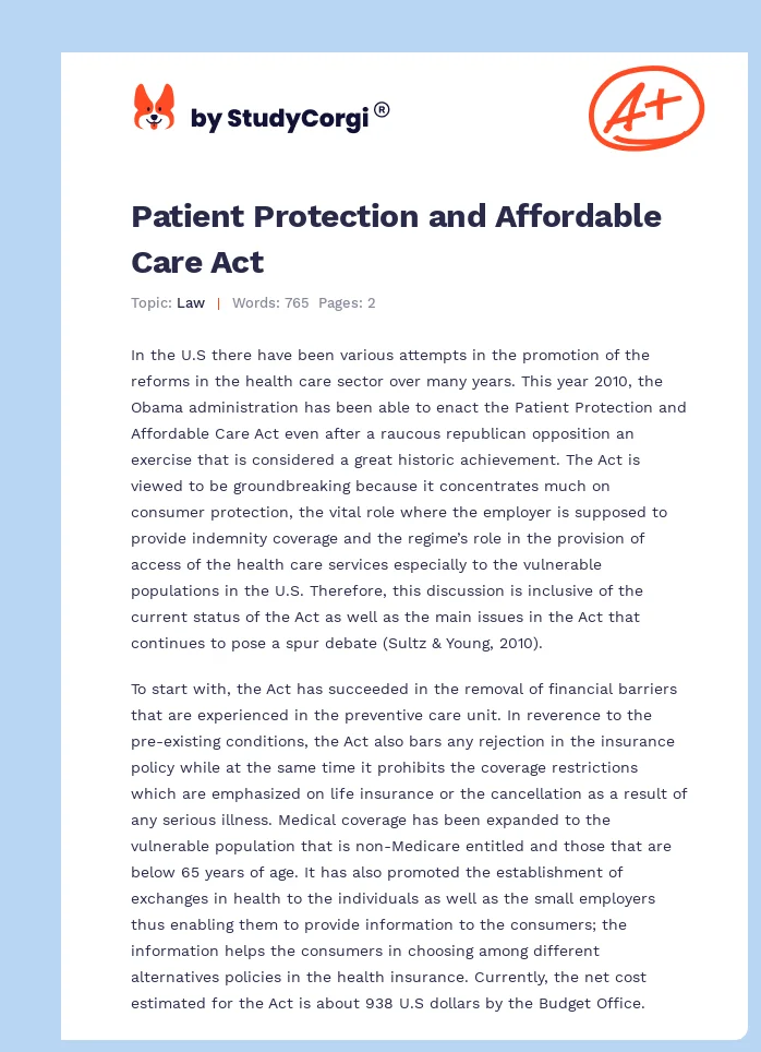 Patient Protection and Affordable Care Act. Page 1