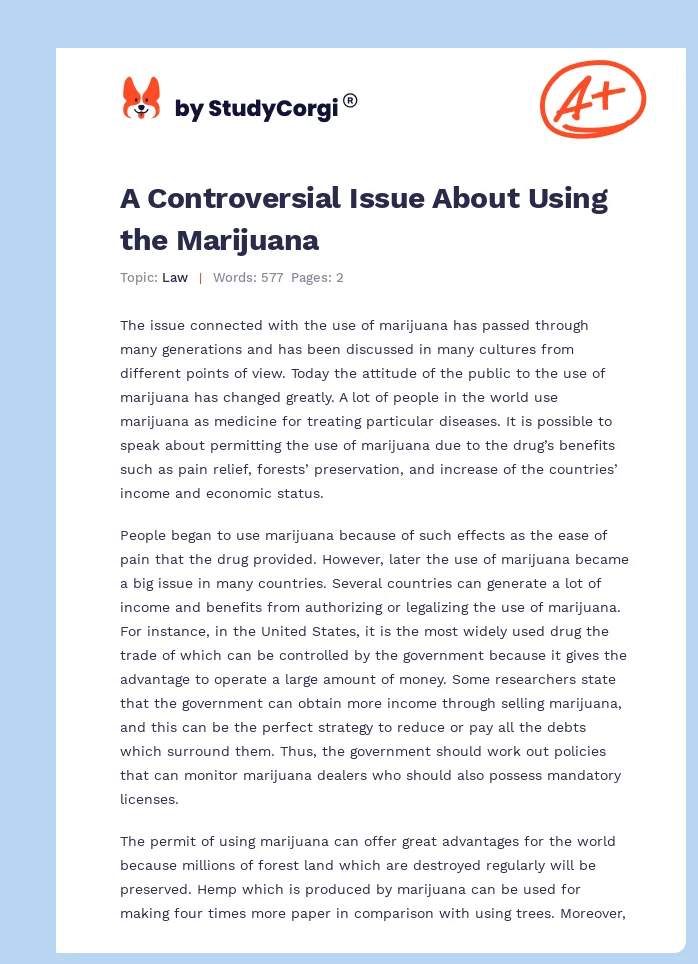 A Controversial Issue About Using the Marijuana. Page 1