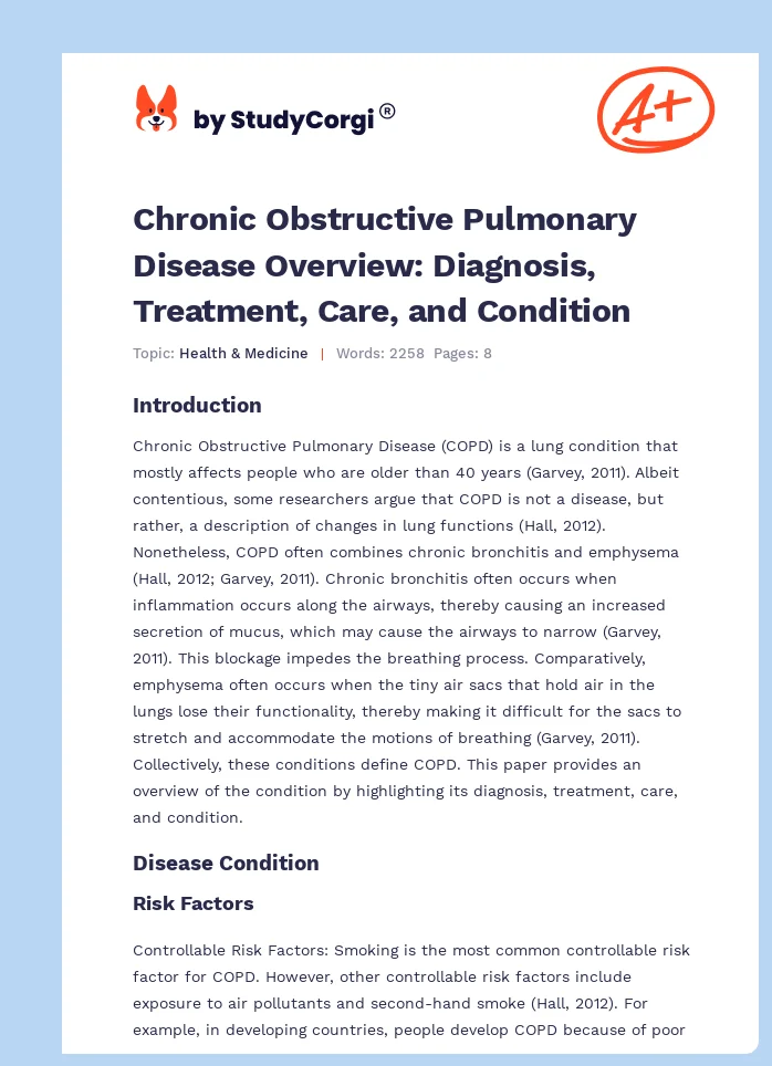 Chronic Obstructive Pulmonary Disease Overview:  Diagnosis, Treatment, Care, and Condition. Page 1