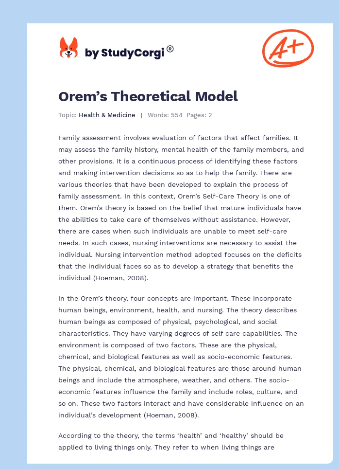 Orem’s Theoretical Model. Page 1