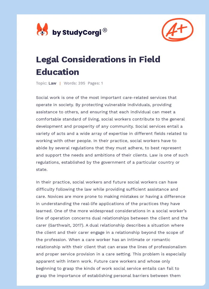 Legal Considerations in Field Education. Page 1