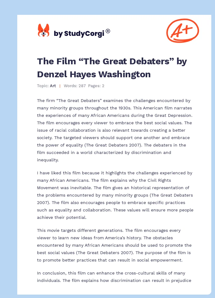 The Film “The Great Debaters” by Denzel Hayes Washington. Page 1