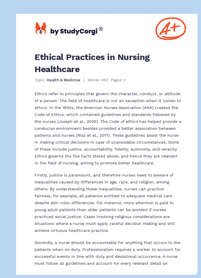 Ethical Practices in Nursing Healthcare. Page 1