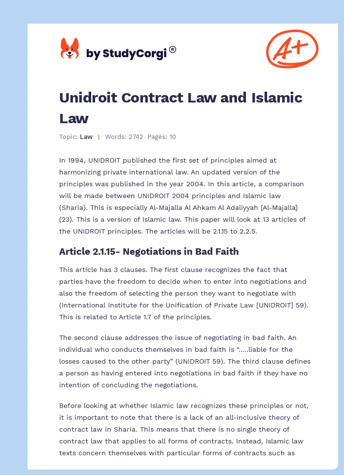 Unidroit Contract Law and Islamic Law. Page 1