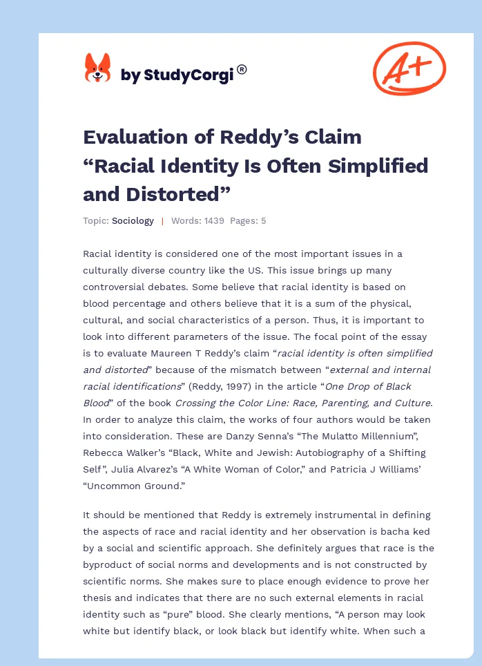 Evaluation of Reddy’s Claim “Racial Identity Is Often Simplified and Distorted”. Page 1