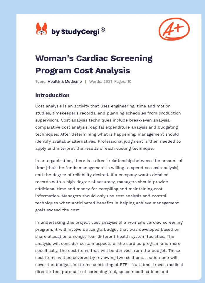 Woman's Cardiac Screening Program Cost Analysis. Page 1