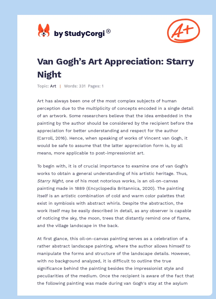Van Gogh’s Art Appreciation: Starry Night. Page 1