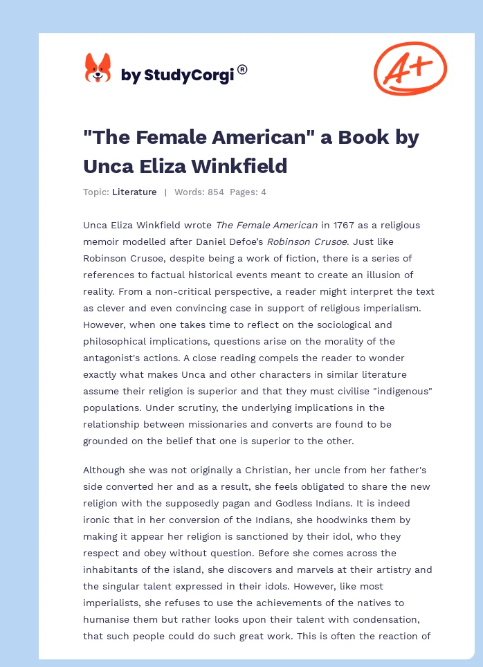 "The Female American" a Book by Unca Eliza Winkfield. Page 1