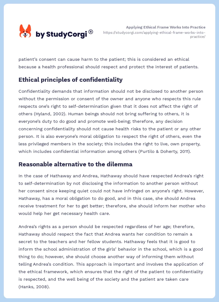 Applying Ethical Frame Works Into Practice. Page 2