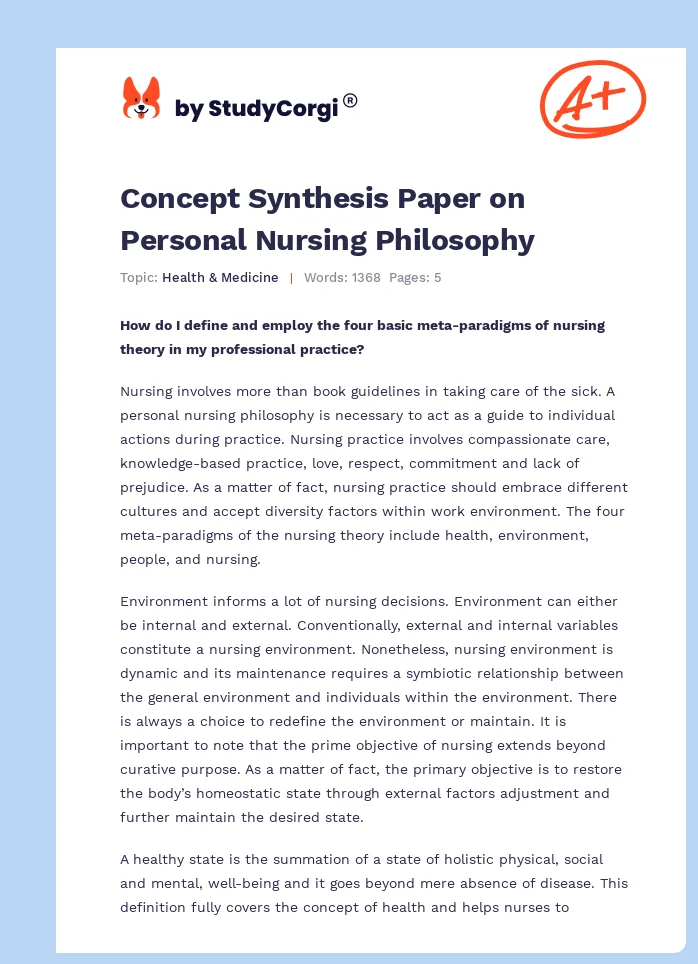 Concept Synthesis Paper on Personal Nursing Philosophy. Page 1