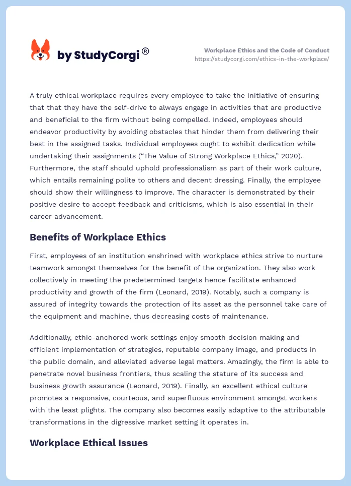 Workplace Ethics and the Code of Conduct. Page 2