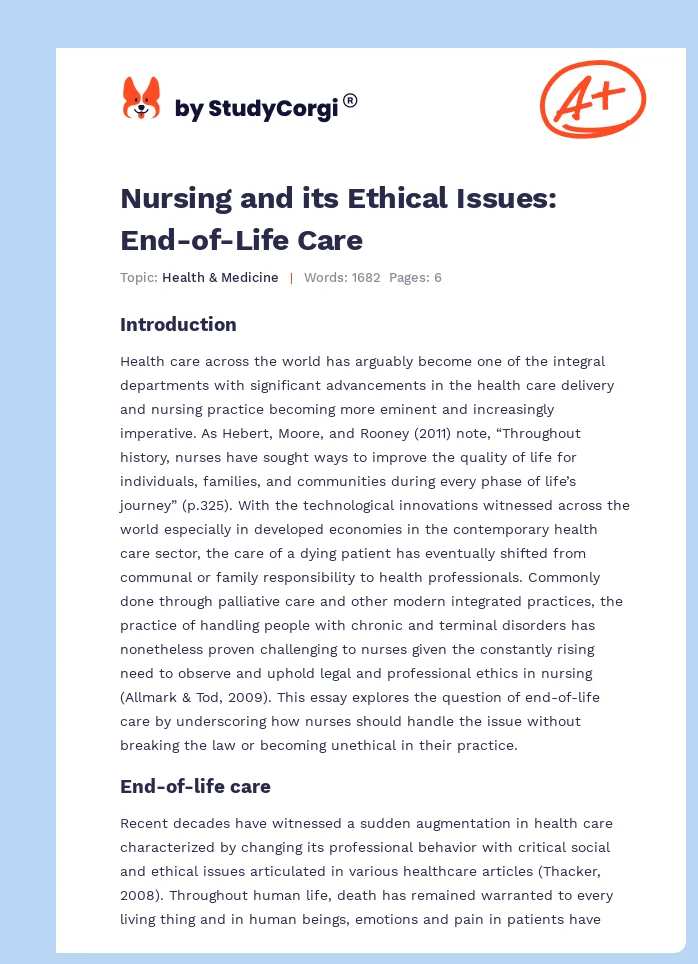 Nursing and its Ethical Issues: End-of-Life Care. Page 1