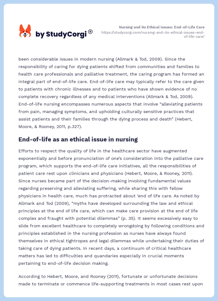 Nursing and its Ethical Issues: End-of-Life Care. Page 2