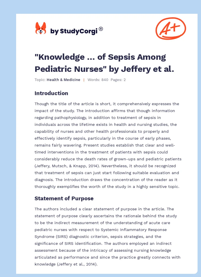 "Knowledge … of Sepsis Among Pediatric Nurses" by Jeffery et al.. Page 1