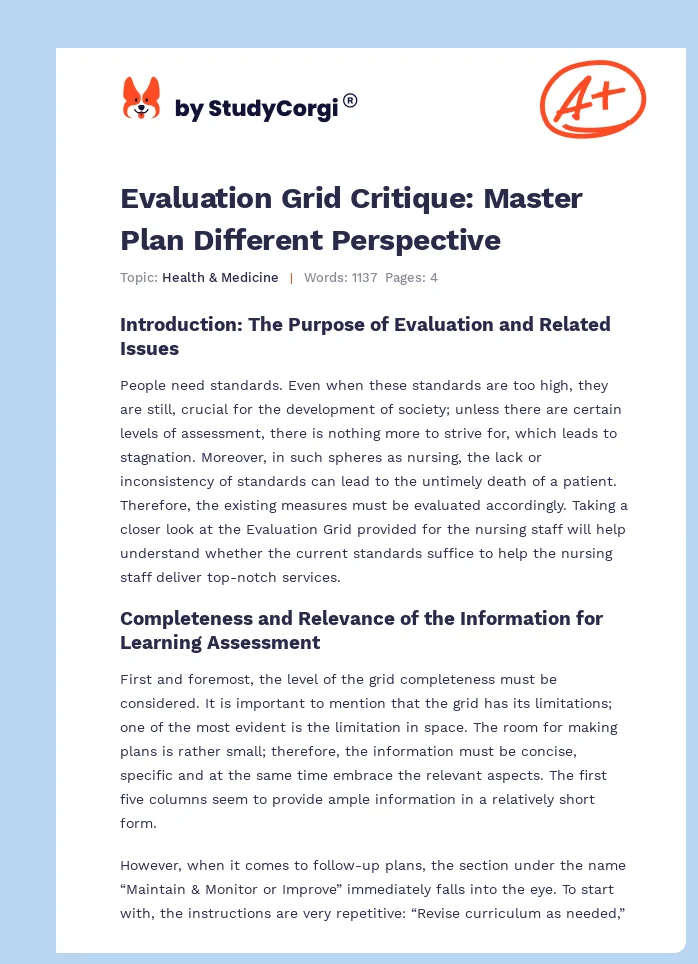 Evaluation Grid Critique: Master Plan Different Perspective. Page 1