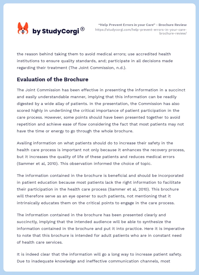“Help Prevent Errors in your Care” - Brochure Review. Page 2