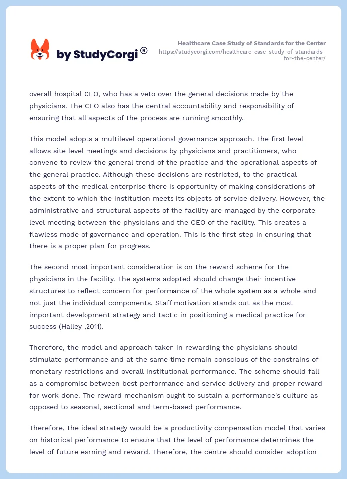 Healthcare Case Study of Standards for the Center. Page 2