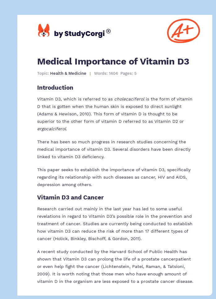 Medical Importance of Vitamin D3. Page 1