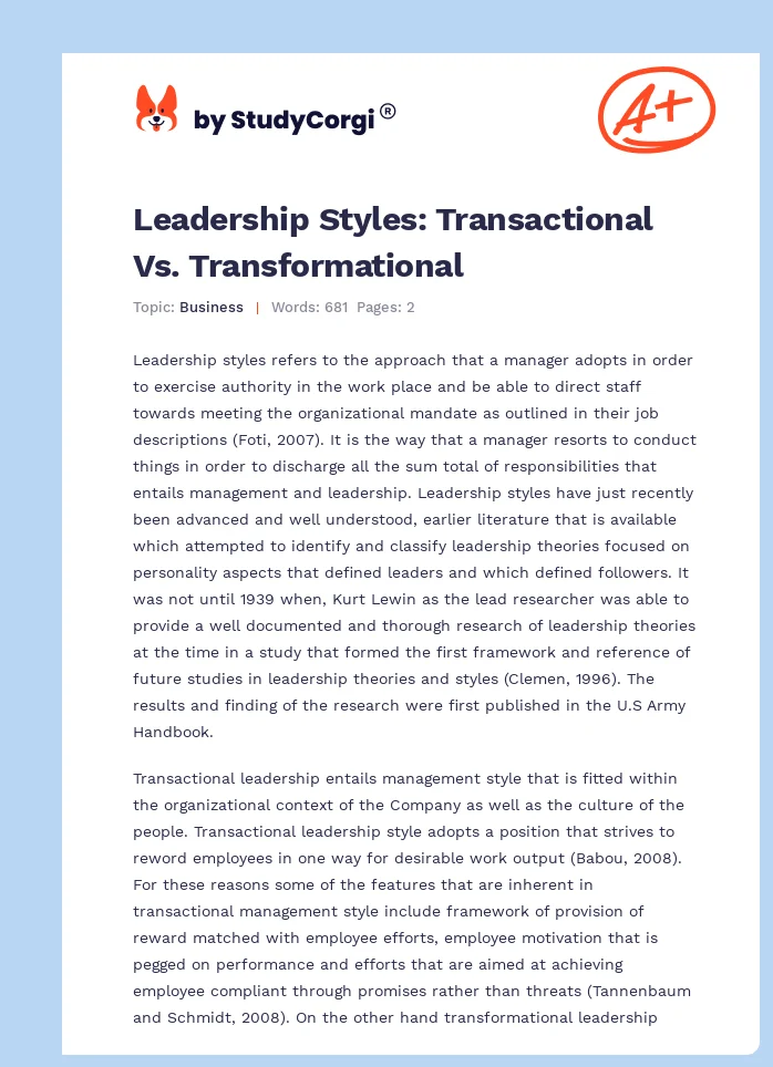 Leadership Styles: Transactional Vs. Transformational. Page 1