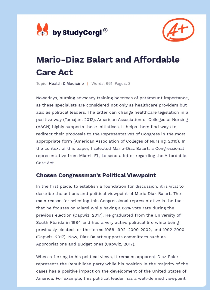 Mario-Diaz Balart and Affordable Care Act. Page 1