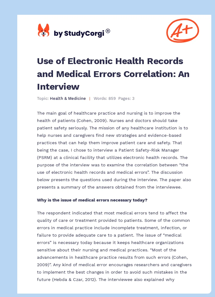 Use of Electronic Health Records and Medical Errors Correlation: An Interview. Page 1