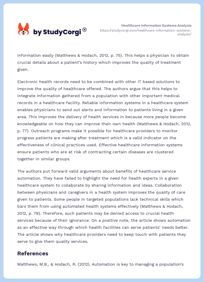 Healthcare Information Systems Analysis. Page 2