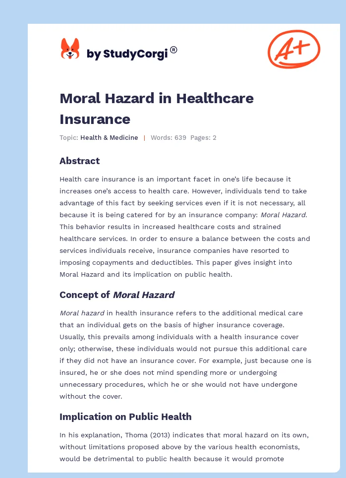 Moral Hazard in Healthcare Insurance. Page 1