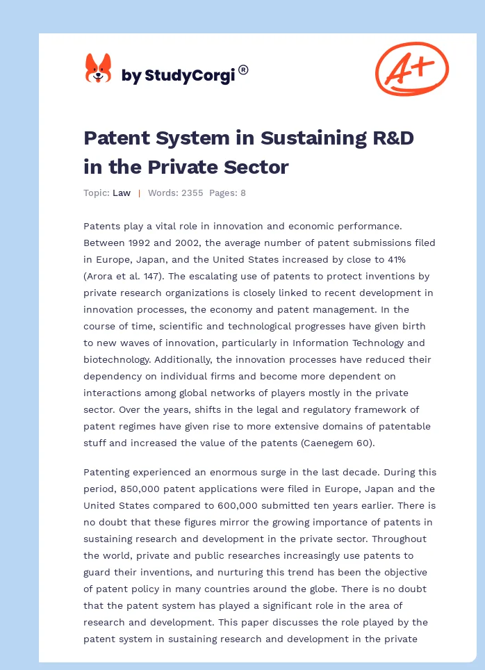 Patent System in Sustaining R&D in the Private Sector. Page 1