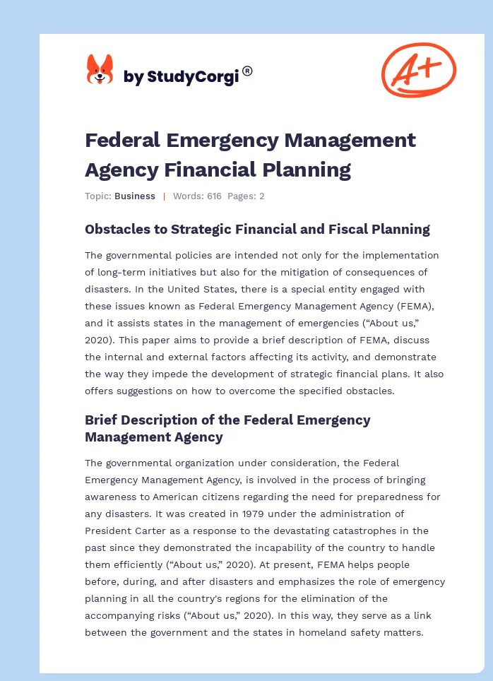 Federal Emergency Management Agency Financial Planning. Page 1